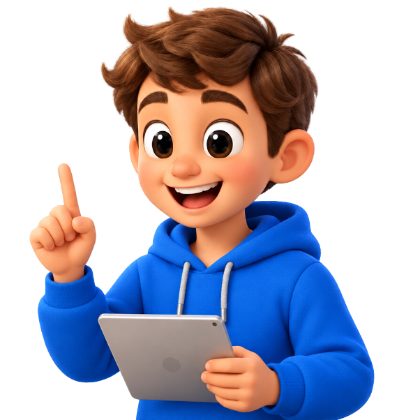 Un petit garçon souriant tient une tablette et lève le doigt