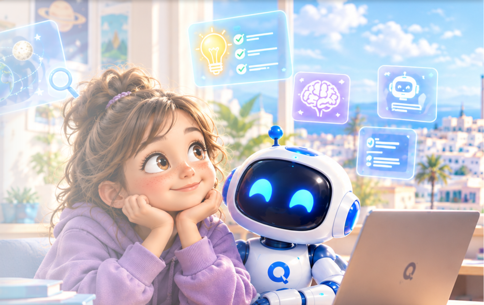 Une petite fille et le robot QziA rêvent devant un ordinateur, entourés d'icônes sur l'intelligence artificielle